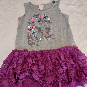 Girls lg (10-12) gray and purple lined lace top with horse picture